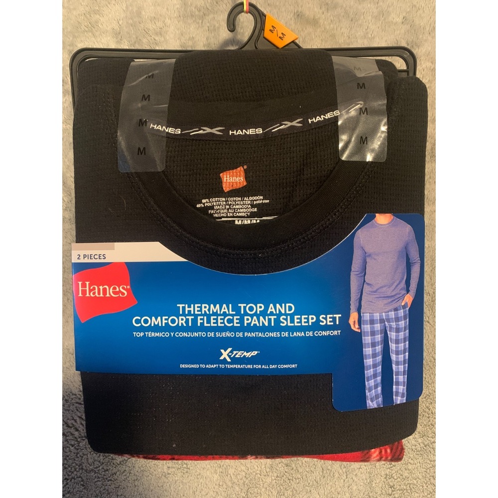 Hanes Mens M X-Temp Thermal Top Red Plaid Fleece Pants 2 Piece Sleep Set 03018